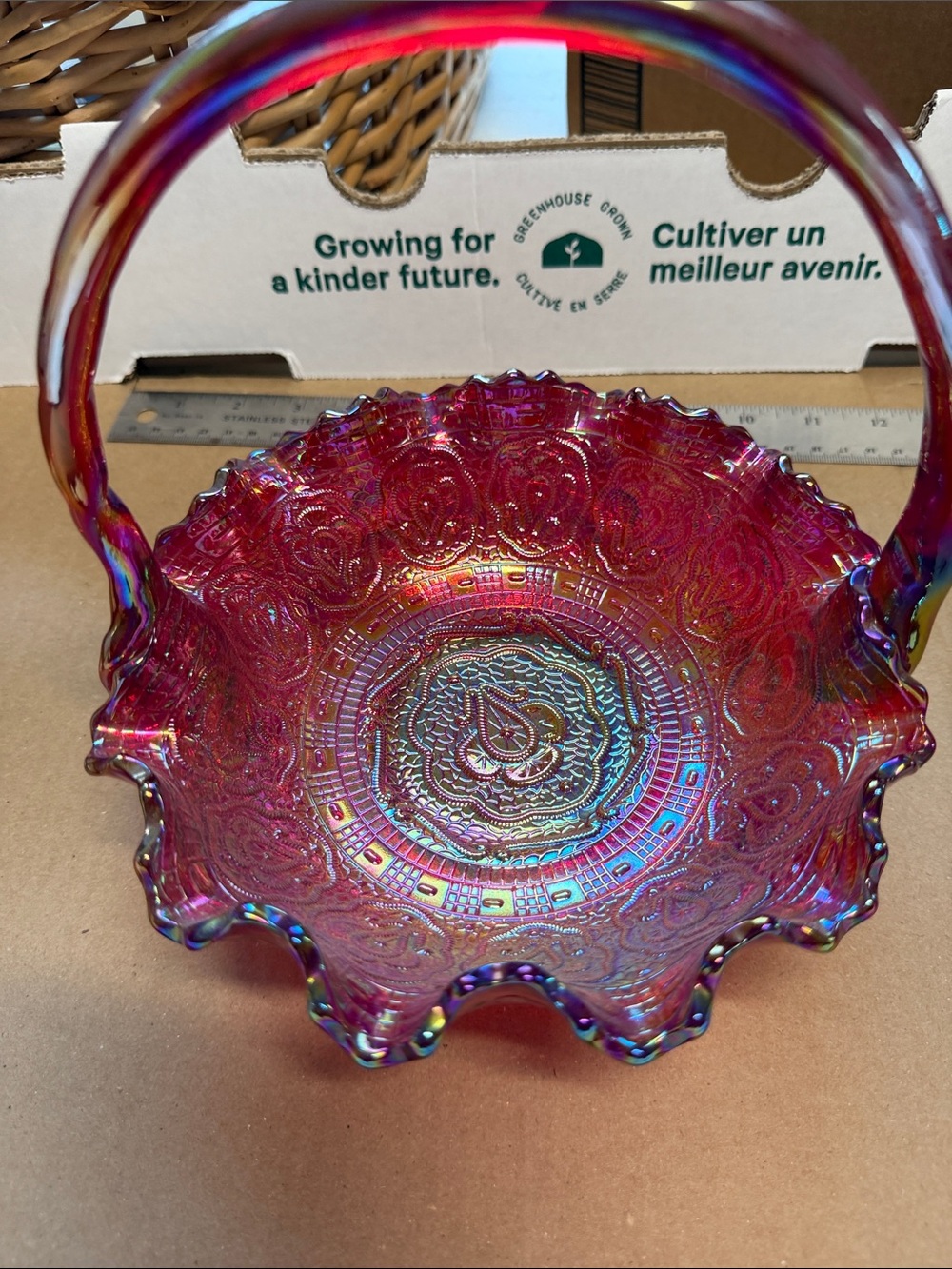 Fenton Red Persian Medallion Ruffled Basket Carnival Glass